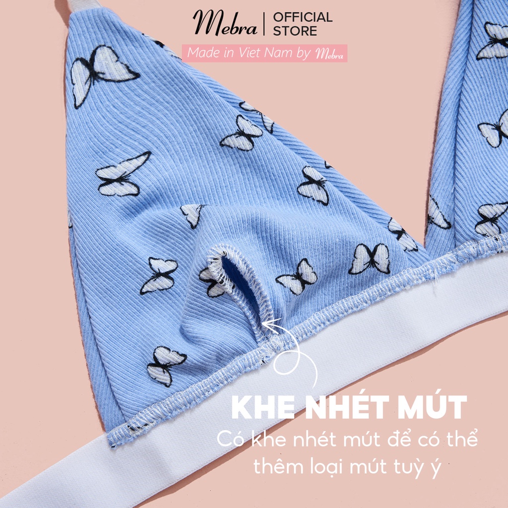 Áo lót không gọng không đệm có tặng mút đệm mỏng cotton kháng khuẩn thoáng khí màu xanh hoạ tiết butterfly Mebra A050