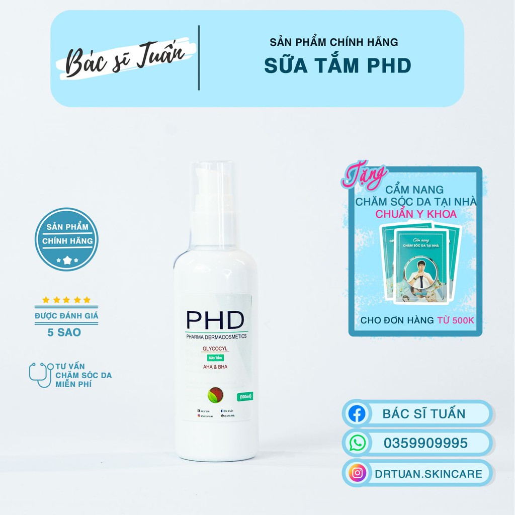 Sữa Tắm Cải Thiện Mụn Lưng ,Ngực, Body, Viêm Nang Lông - PHD chứa AHA&amp;BHA (CHAI NHỎ)[CHÍNH HÃNG]