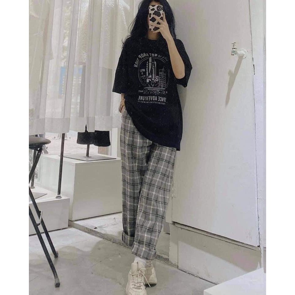 Set áo phông tay lỡ unisex họa tiết SPAKE phối quần suông ulzzang/ Áo thun nữ cộc tay dáng rộng quần kẻ sọc lưng thun | BigBuy360 - bigbuy360.vn