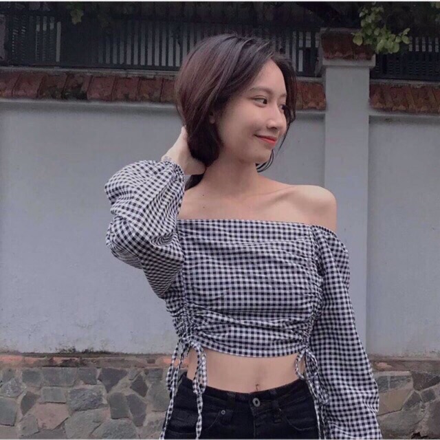 [SIÊU HOT] áo bệt vai caro dây rút bánh bèo chất vải kate mềm mịn_Kèm hình chụp