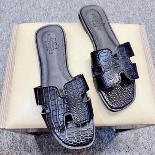 Sỉ lẻ dép lê H da rắn đế bệt, đế bằng thời trang đế thấp