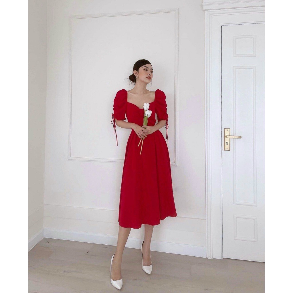 Đầm Đỏ Dự Tiệc Cổ Vuông Ty Fashion Tay Nhún Dây Rút SML | BigBuy360 - bigbuy360.vn
