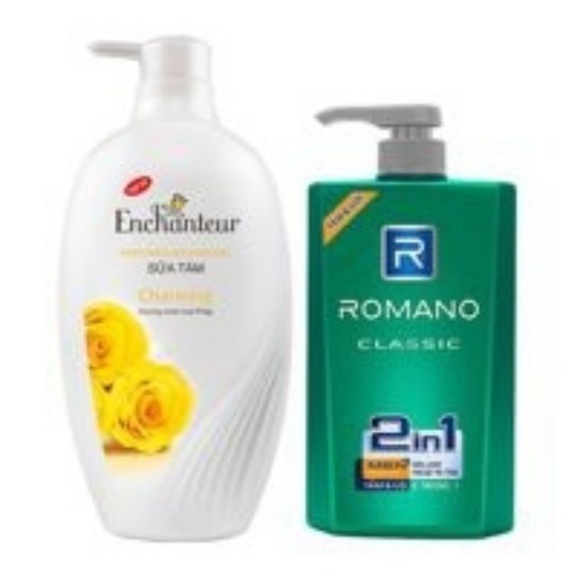 Combo gồm 1 chai tắm enchanteur và 1 chai tắm gội romano 650g (như hình)