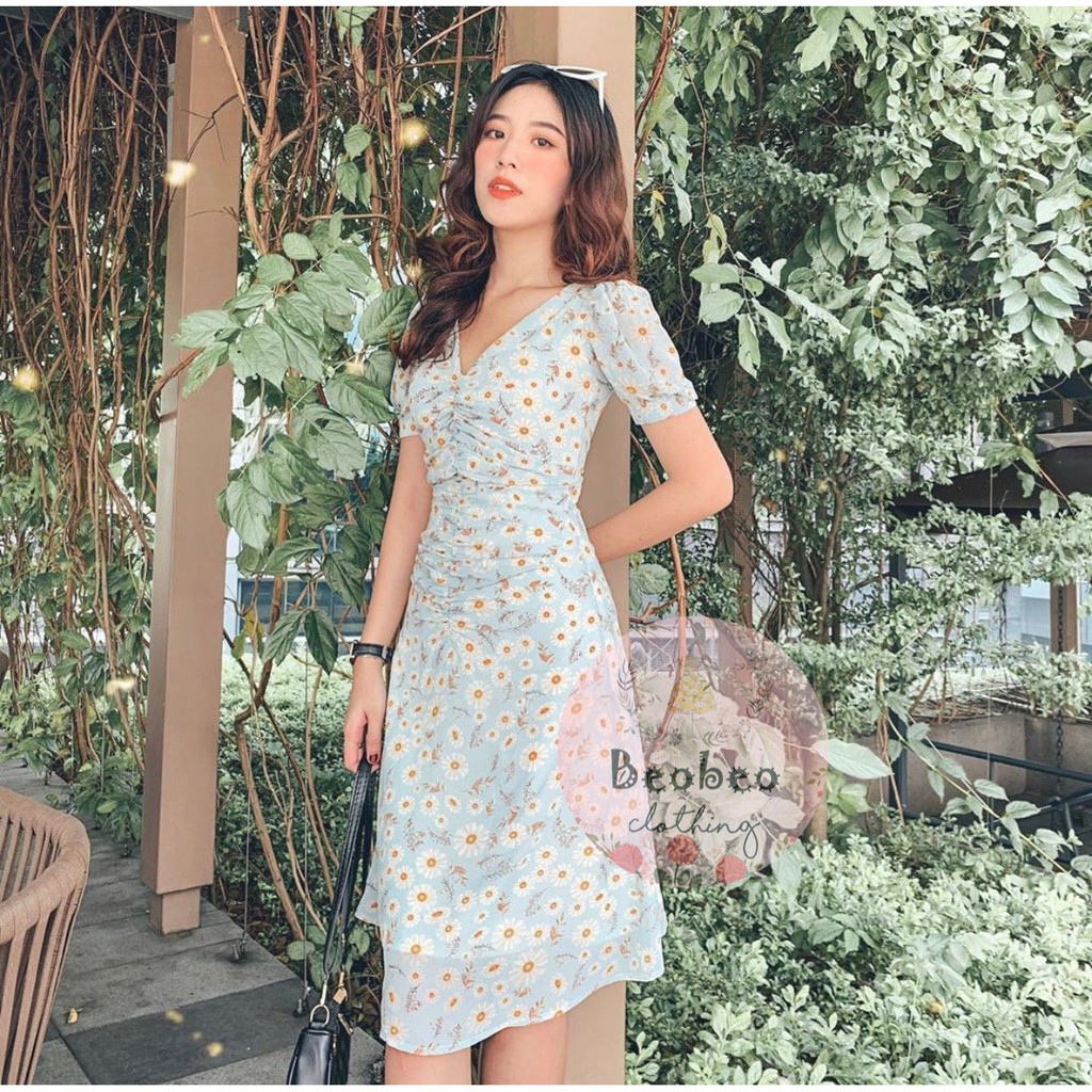 Đầm midi voan hoa cổ v nhúng thân thắt nơ vintage