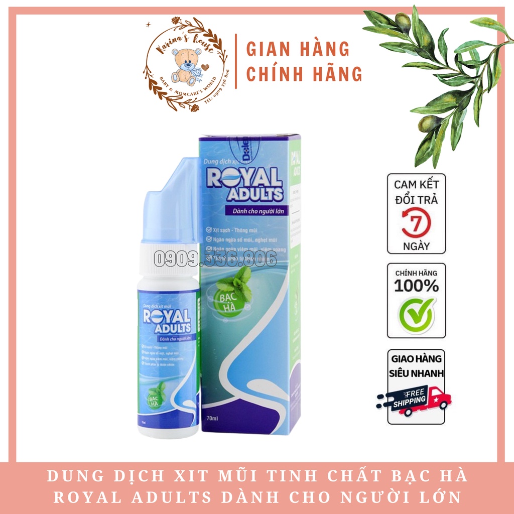 Dung Dịch Xịt Mũi Cho Người Lớn Royal Adults Chai 70ml - Triết Xuất Tinh Dầu Khuynh Diệp Chai 70ml