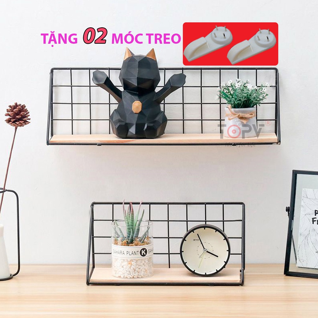 Kệ sắt đáy gỗ treo tường TopV khung lưới sơn tĩnh diện gắn tường decor trang trí nhà cửa phòng khách phòng làm việc cafe