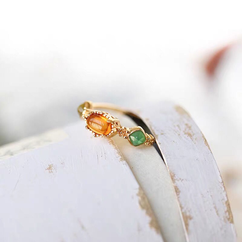 Japanese agete same paragraph 20 years of autumn and winter new natural amber green agate peridot s925 silver ring