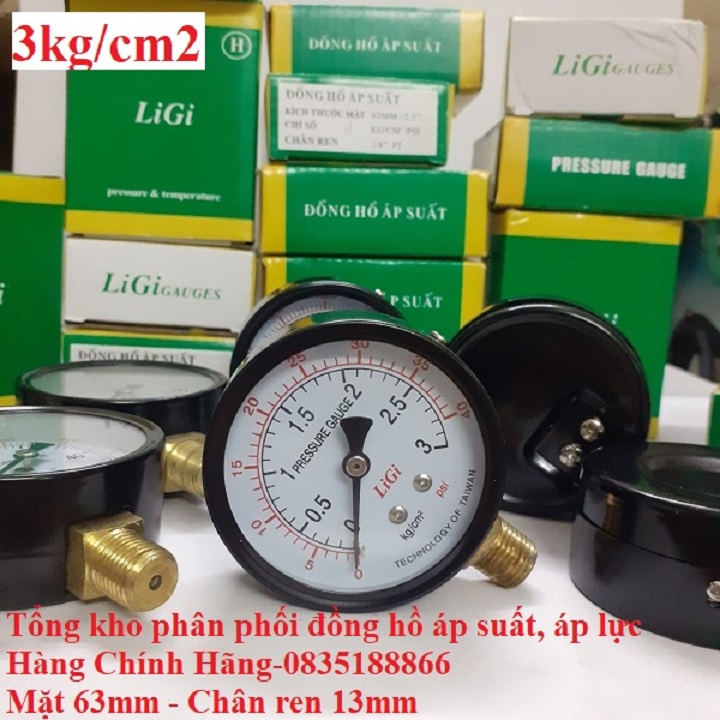 Đồng hồ đo áp suất nước hơi khí nén 3kg/cm2 Hiệu Ligi mặt 63mm