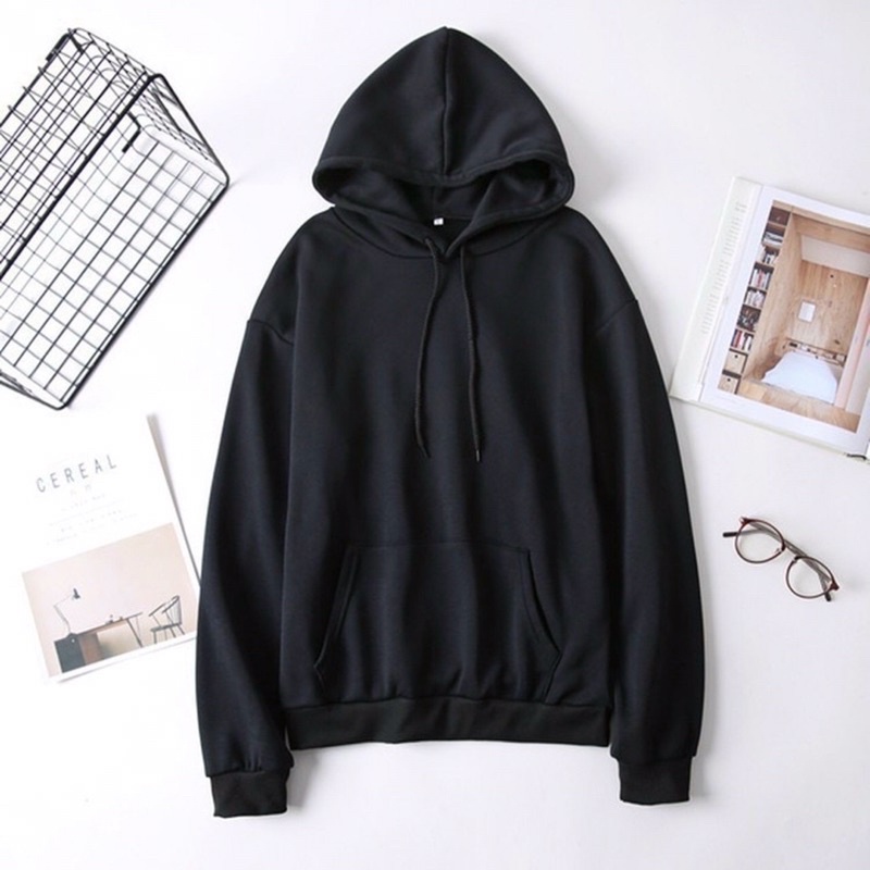 FREESHIP Áo Khoác Hoodie Nỉ Có Mũ Form Rộng Trơn Đen Trắng Unisex Nam Nữ