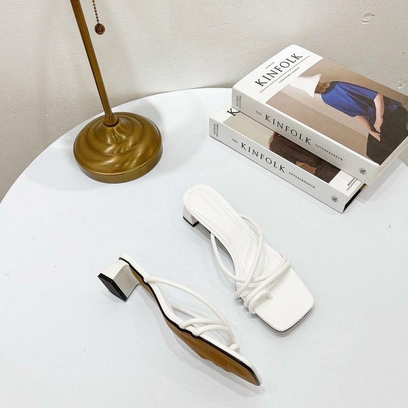 Dép Xỏ Ngón Dây Ống Quai Da Mềm Gót 3 Phân. Guốc Cao Gót Đế Vuông 3 Phân Quai Dây Xỏ Ngón