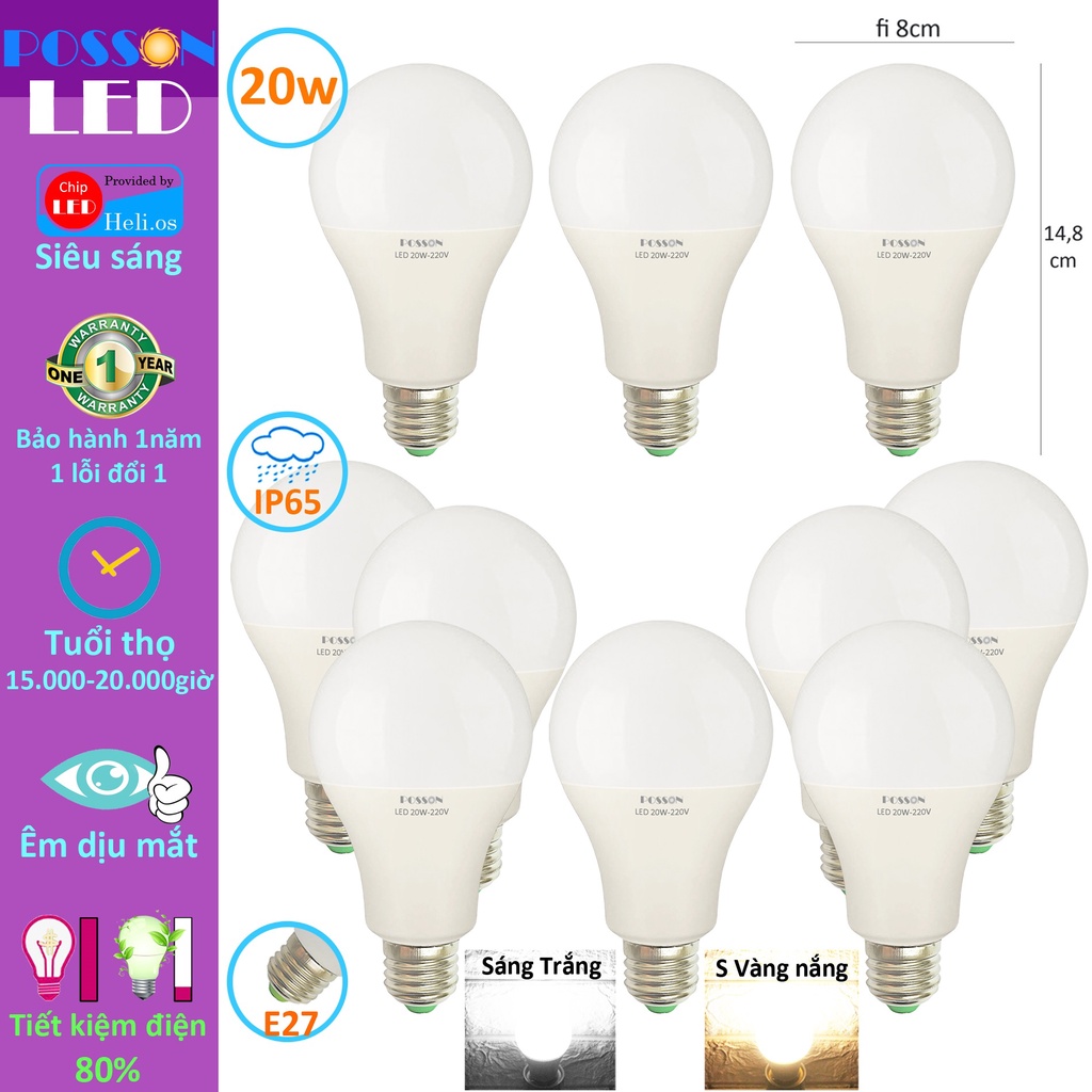 Combo 10 Bóng đèn Led 20w bup tròn A80 bulb tiết kiệm điện siêu sáng kín chống nước
