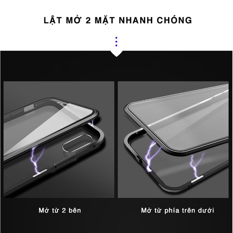 Ốp Iphone Cường Lực 2 Mặt, Ốp Nam Châm Khung Nhôm Chống Xước Chống Va Đập