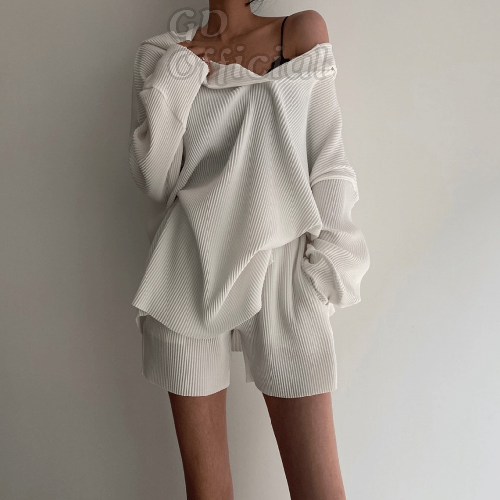 N7|Set bộ thể thao mặc nhà áo hoodie dài tay, quần short dáng rộng cá tính màu xanh, trắng GD Official