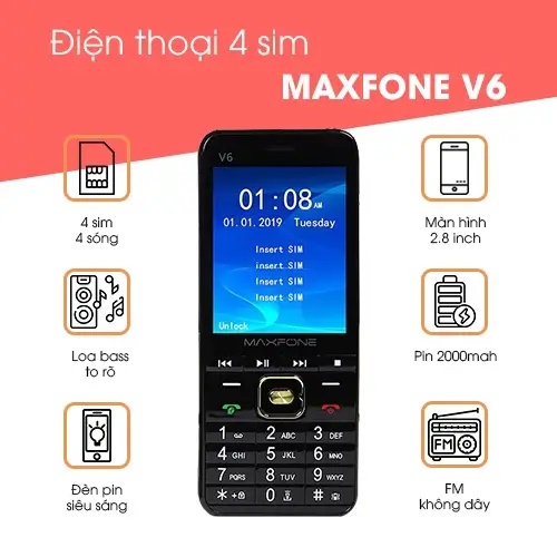 [Mới Fullbox] Điện thoại 4 sim Maxfone V6 CPU: MTK6261D Bộ nhớ trong: 32MB + ROM 32MB Màn hình: 2.8 inch Pin 2000 mAh