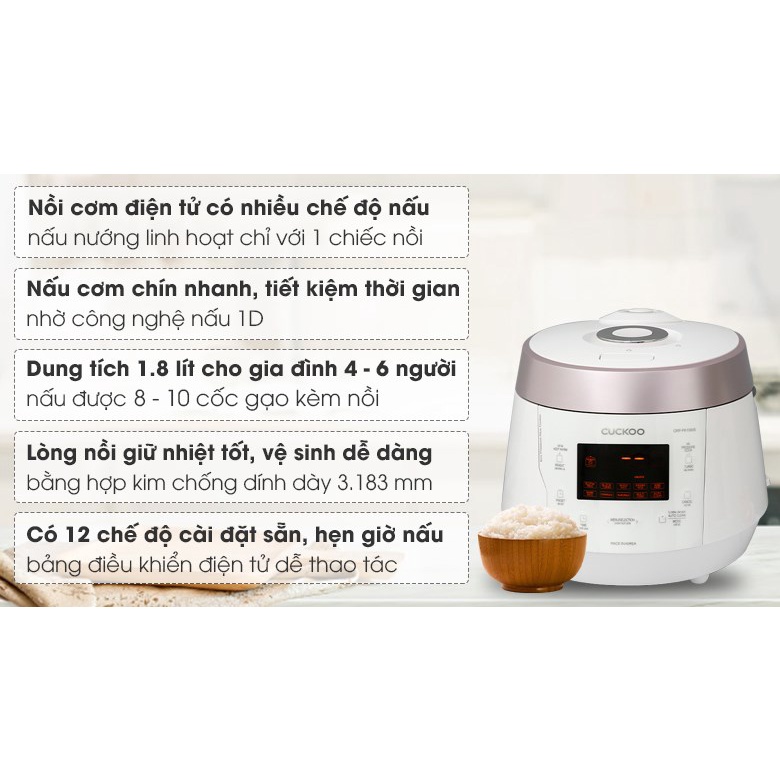 [Mã 154ELSALE2 giảm 7% đơn 300K] Nồi cơm điện tử áp suất Cuckoo CRP-PK1000S 1.8 lít 4-6 người ăn - BH 2 năm