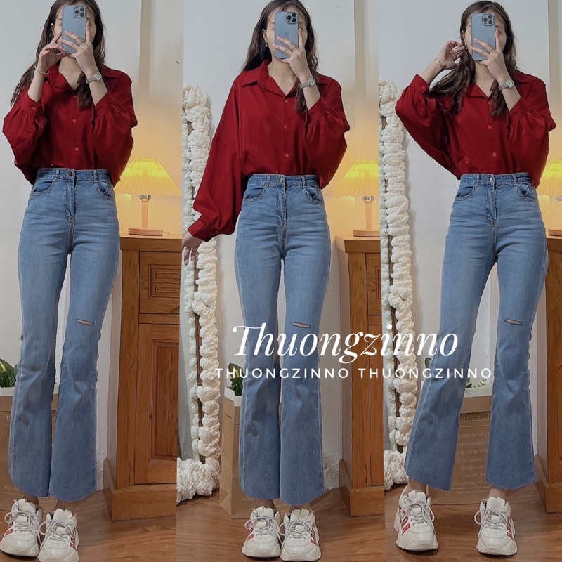 [Ảnh thật/Video]Quần ống loe CAMY Cắt đùi cá tính quần ống loe Hàn Quốc co dãn tốt