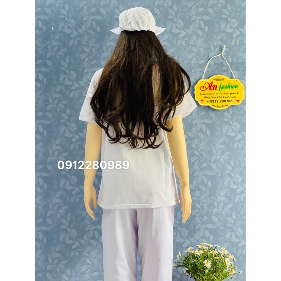 Áo Blouse Trắng Nữ Điều Dưỡng Ngắn Tay 2 túi xéo - Áo Bác Sĩ, Dược Sĩ Vải Kate _ Hình chup thật