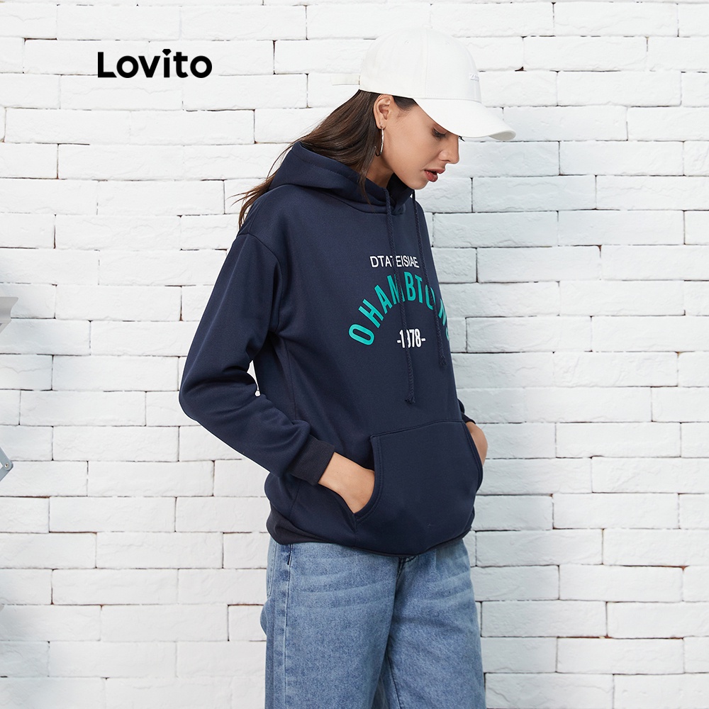Áo sweatshirt Lovito có mũ trùm đầu phối dây rút in chữ đơn giản L07182 (màu xanh dương đậm) | BigBuy360 - bigbuy360.vn