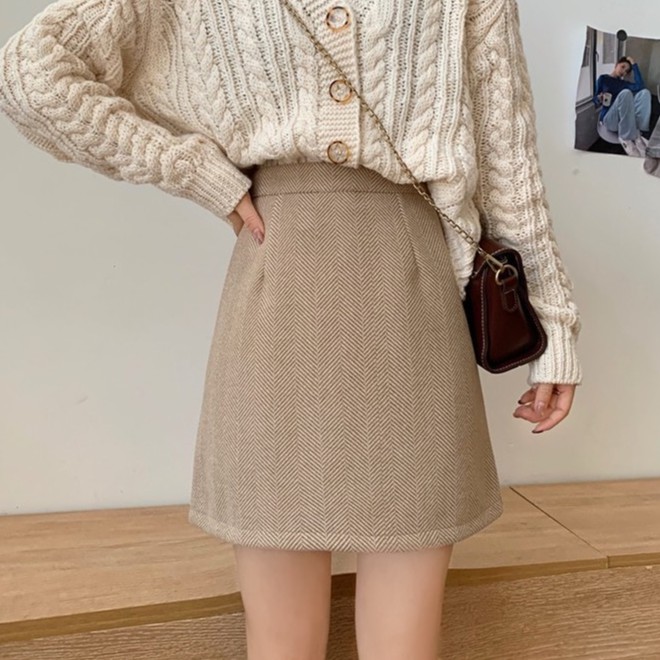 Chân Váy Len Chữ A Lưng Cao Họa Tiết Sọc Caro Phong Cách Retro