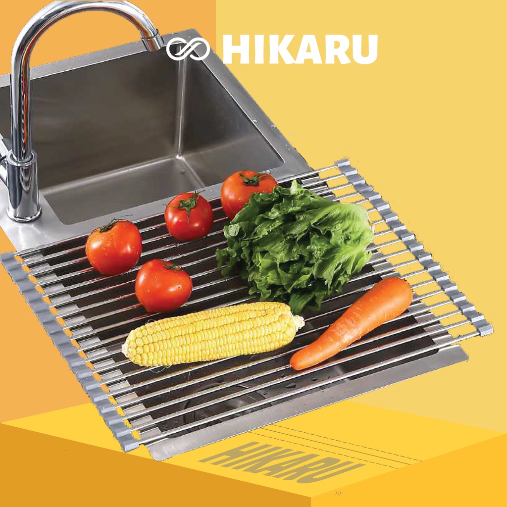 Giá Inox Đa Năng Để Trên Bồn Rửa HIKARU_HK-PB-005_Sử Dụng Để Rửa Hoa Quả, Trái Cây, Bát Đũa, Có Thể Cuộn Tròn