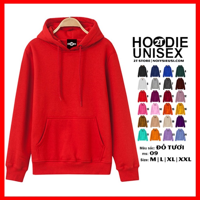 Áo hoodie unisex 2T Store H09 màu đỏ tươi - Áo khoác nỉ chui đầu nón 2 lớp dày dặn chất lượng đẹp