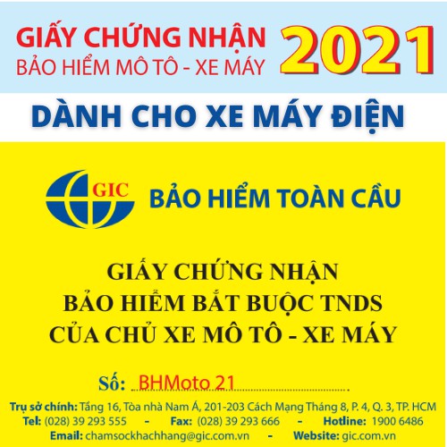 TOÀN QUỐC [Voucher giấy] Bảo Hiểm Bắt Buộc Trách Nhiệm Dân Sự XE MÁY ĐIỆN - Bảo Hiểm Toàn Cầu GIC