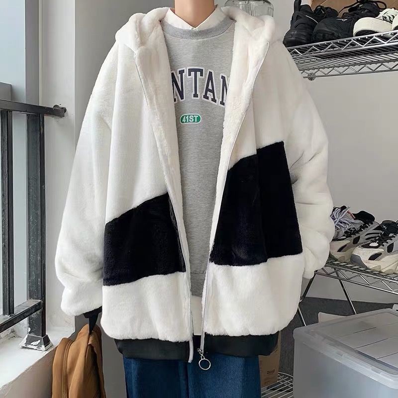 Áo Khoác Lông Cừu Có Mũ Trùm Dáng Rộng Phối Khóa Kéo Thời Trang Mùa Đông Hàn Quốc Dành Cho Nam