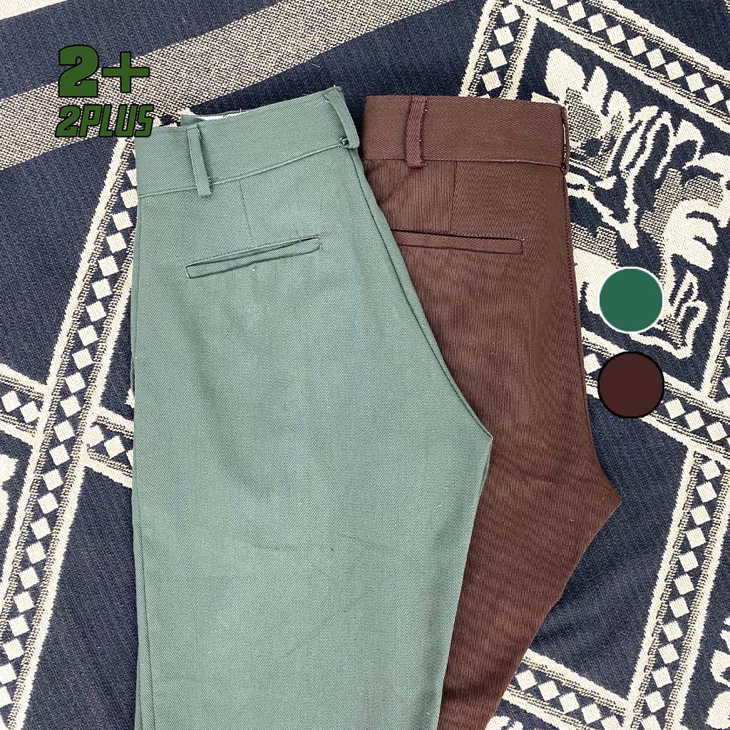 Quần dài cạp cao ống suông kaki màu nâu xanh rêu 2PLUS 2+