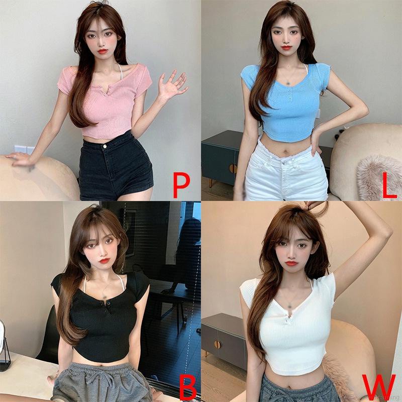 Áo Dệt Kim Tay Ngắn Cổ Chữ U Màu Trơn Phong Cách Hàn Quốc | BigBuy360 - bigbuy360.vn