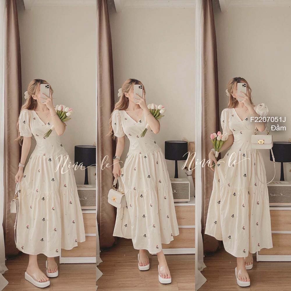 Đầm maxi lụa thô hoa nhí dáng xòe cổ tim tay bồng!