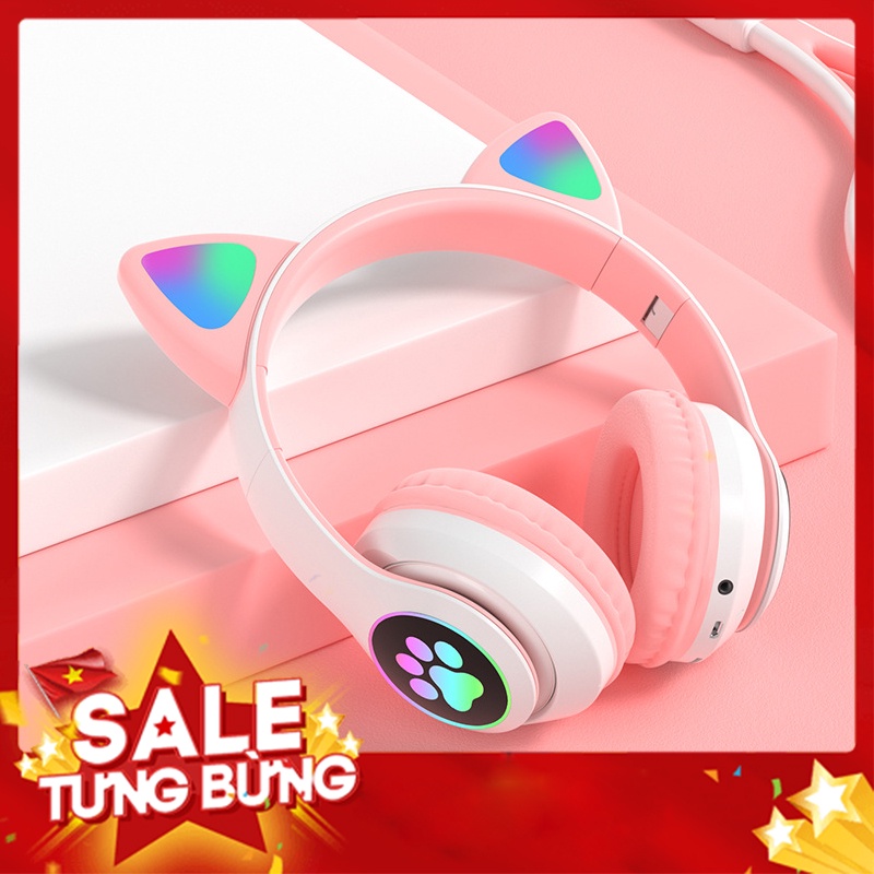 Tai Nghe Chụp Tai Bluetooth Không Dây Tai Mèo Đáng Yêu Có Đèn Led Thích Hợp Xem Phim, Nghe Nhạc Chơi Game Và Học Online