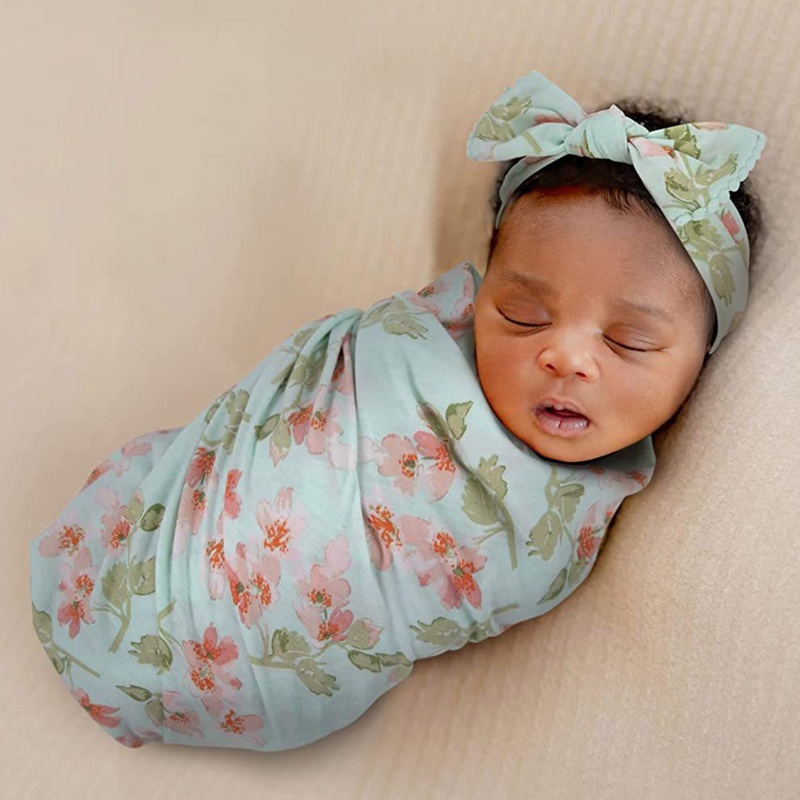Set 2 Món Gồm Khăn Quấn + Mũ Beanie Bằng Sợi Nhỏ In Họa Tiết Hoa / Động Vật Dễ Thương Cho Bé Sơ Sinh