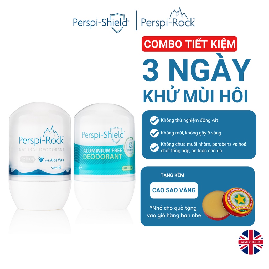 Combo Lăn khử mùi Perspi-Rock 50ml + Lăn khử mồ hôi 72h không muối nhôm Perspi-Shield 50ml