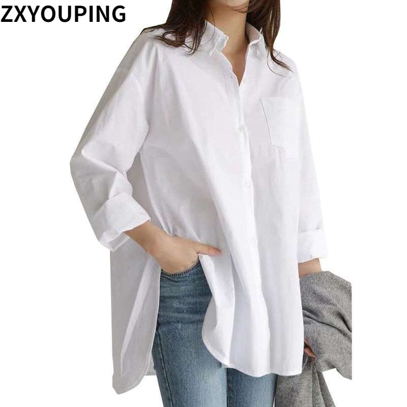 Áo sơ mi Zxyouping tay dài dáng rộng xẻ tà có size lớn