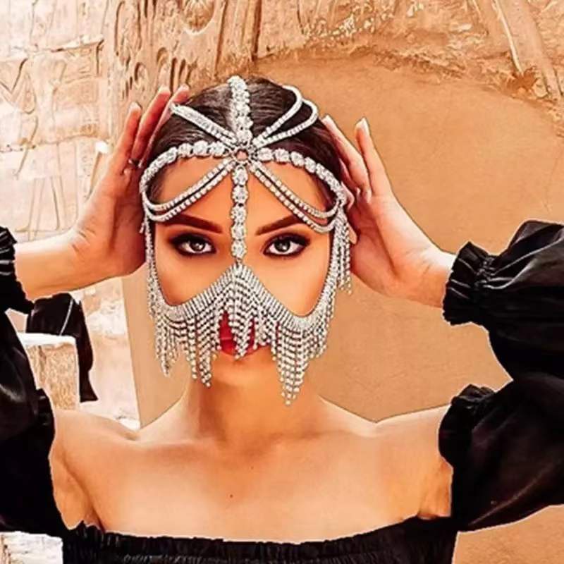 Mặt Nạ Hóa Trang Halloween Đính Đá Phối Dây Xích Tua Rua Phong Cách Âu Mỹ