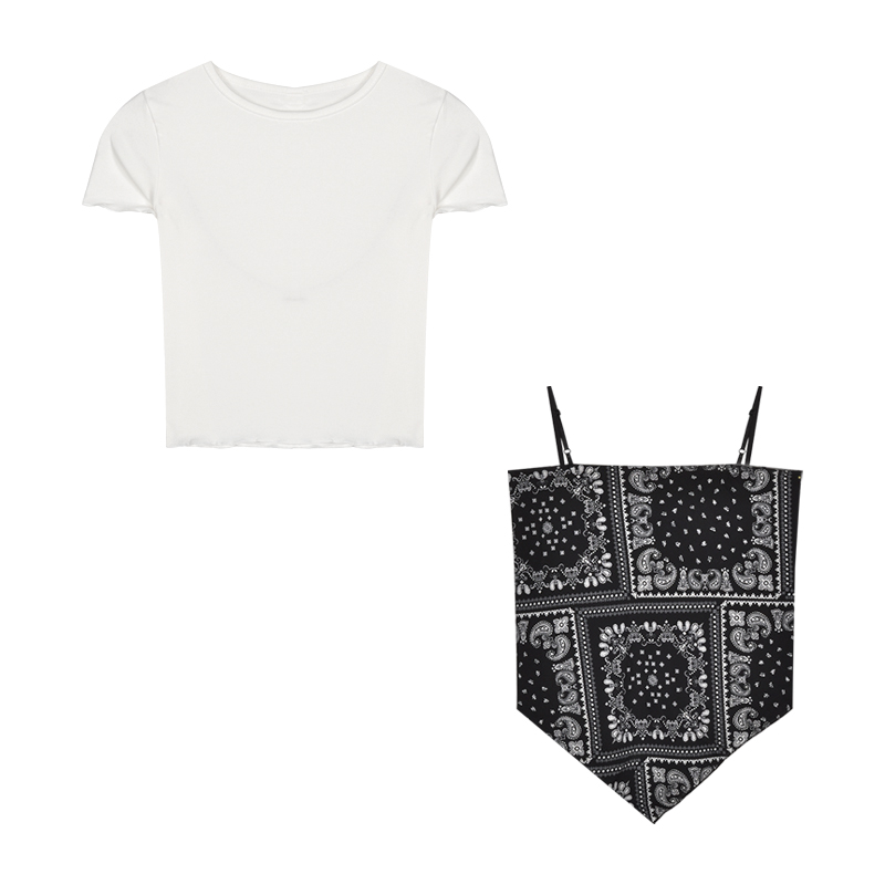 Áo hai dây in họa tiết dáng rộng/áo thun tay ngắn thời trang cho nữ