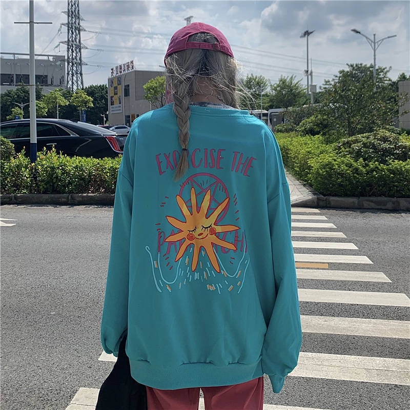 ZHELIHANGFEI Áo Thun Tay Dài Form Rộng Họa Tiết In Theo Phong Cách Mỹ