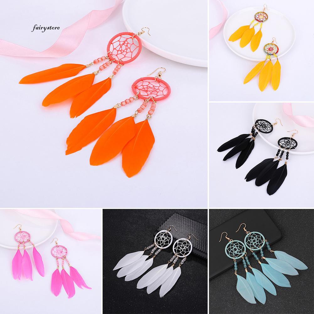 Bông tai lông vũ hình dreamcatcher thời trang Bohemian