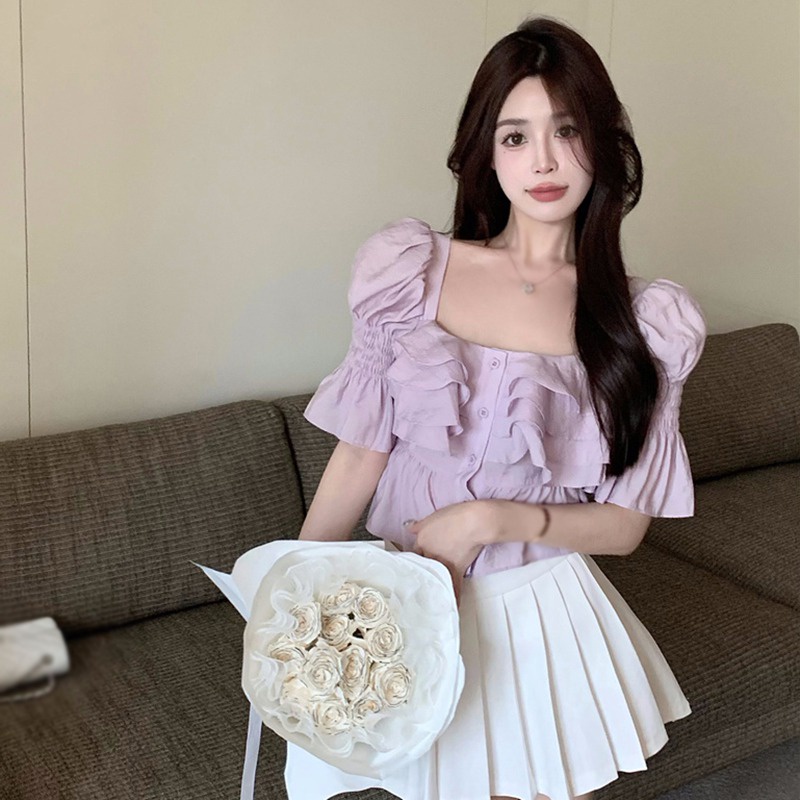 Áo Sơ Mi Tay Phồng Ngắn Cổ Vuông Màu Sắc Đơn Giản Phong Cách Hàn Quốc Cho Nữ