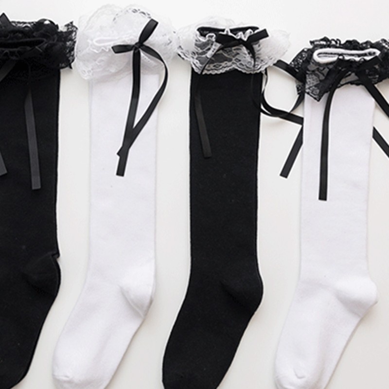 Đôi vớ cotton dài dưới gối phối ren đính nơ kiểu lolita nhật bản dễ thương cho nữ