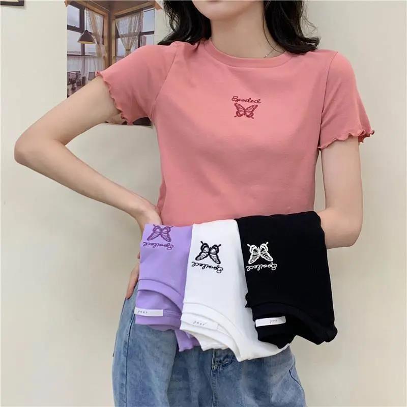 WANG JIAO ZHAN Áo thun cổ tròn tay ngắn cho phụ nữ