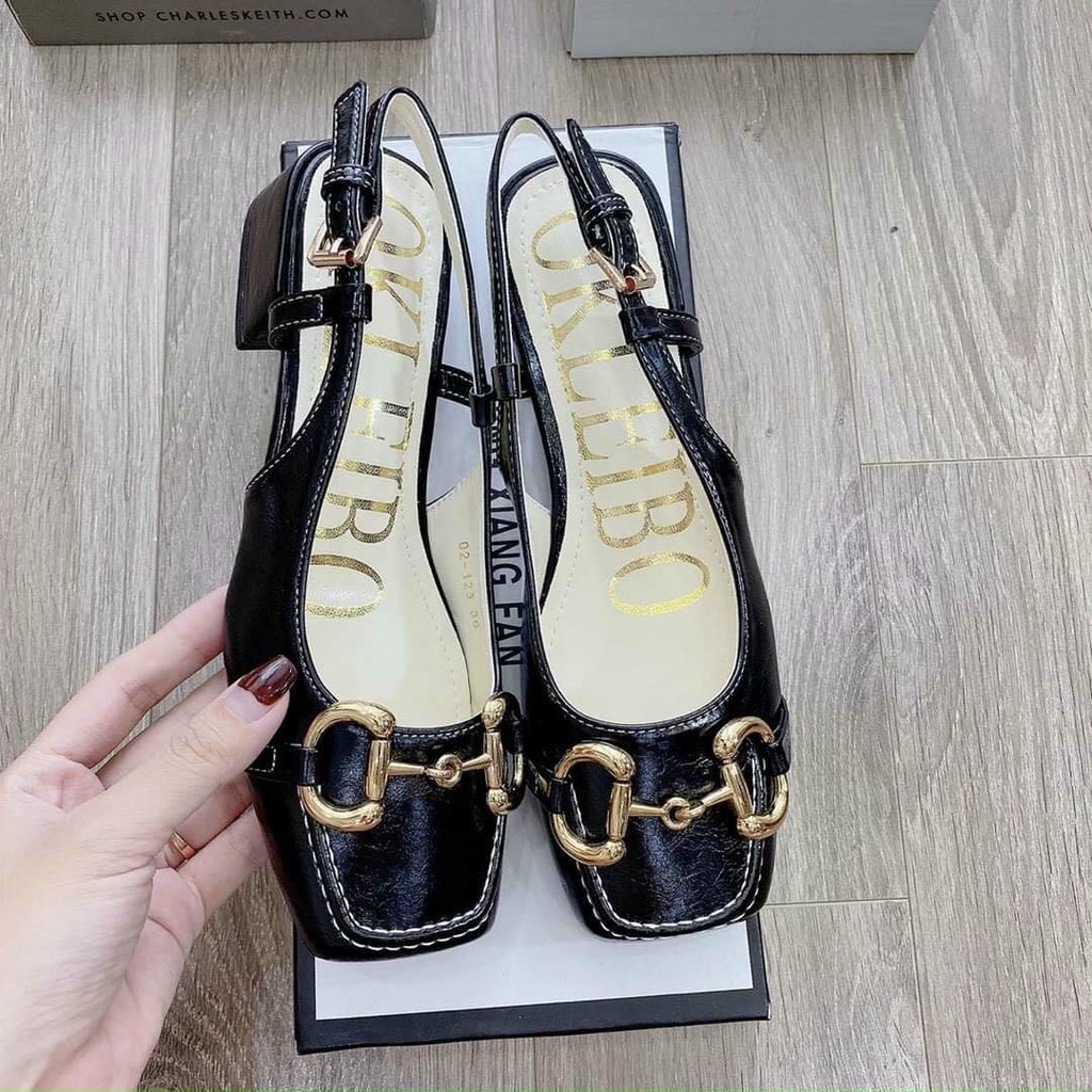 Sandal gg xích da bóng gót vuông 3cm