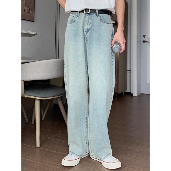 Jeans ống rộng baggy nam nữ phối ngọc trai