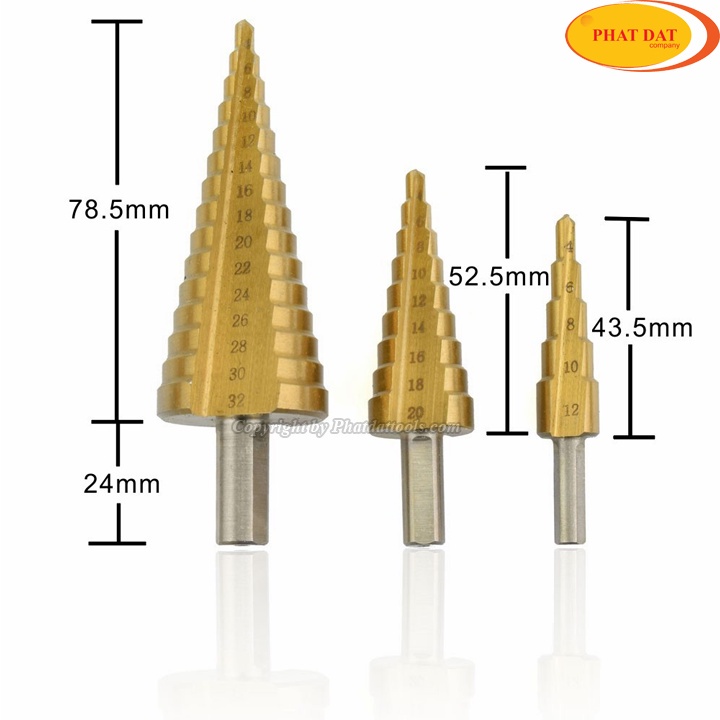 Bộ 3 Mũi Khoan Tháp Thẳng Thép Gió HSS Mạ Titan 4-32mm Khoan Nhôm, Nhựa, Gỗ