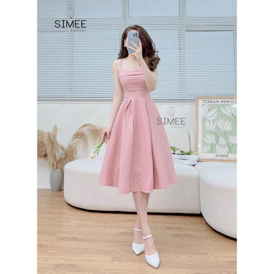 TTL váy midi trắng xòe 2 dây dự tiệc xếp ly xinh xắn màu hồng bánh bèo tiểu thư