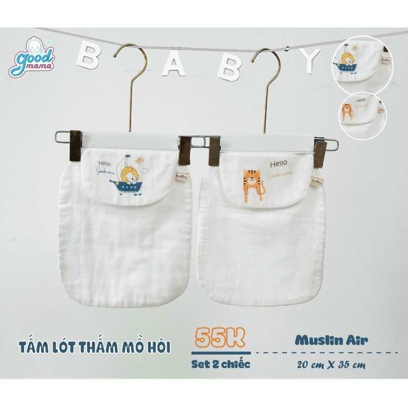 Miếng lót mồ hôi lưng cho bé Goodmama 6 lớp Muslin thông thoáng, mềm mại an toàn cho da bé SET 2 cái kích thước 20*35cm