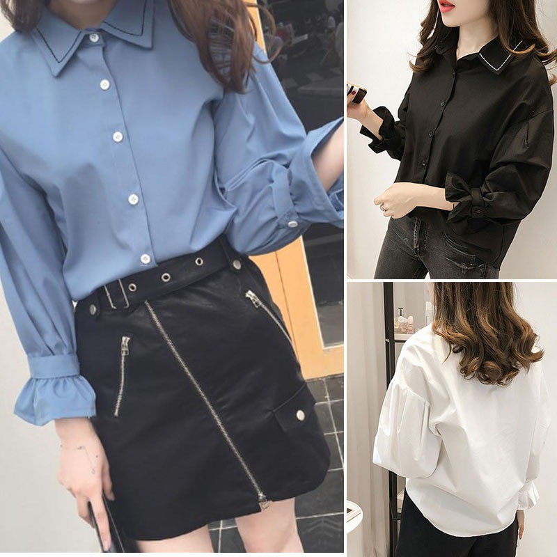 Áo sơ mi cổ bẻ dài tay phong cách Hàn Quốc trẻ trung thanh lịch dành cho nữ | BigBuy360 - bigbuy360.vn