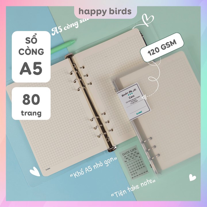 Sổ lò xo gáy còng A5 80 trang KLONG binder file planner bullet journal bìa trong caro, trơn, kẻ ngang
