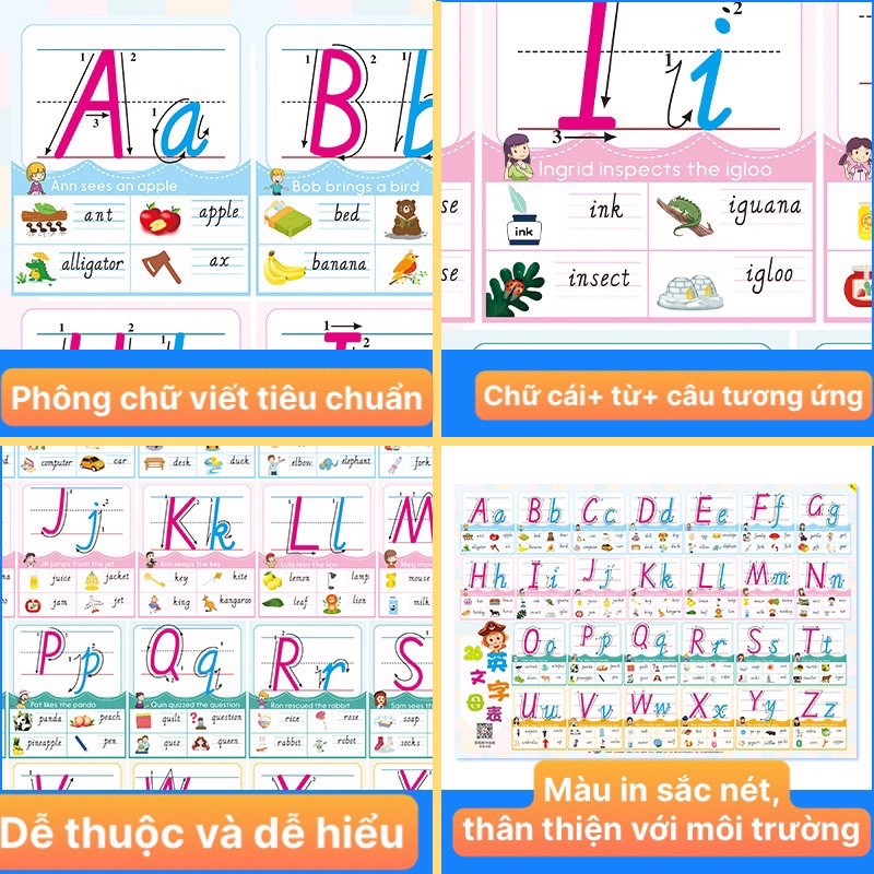 Bảng chữ cái tiếng anh poster dán tường (không có keo dán) cho bé kích thước lớn
