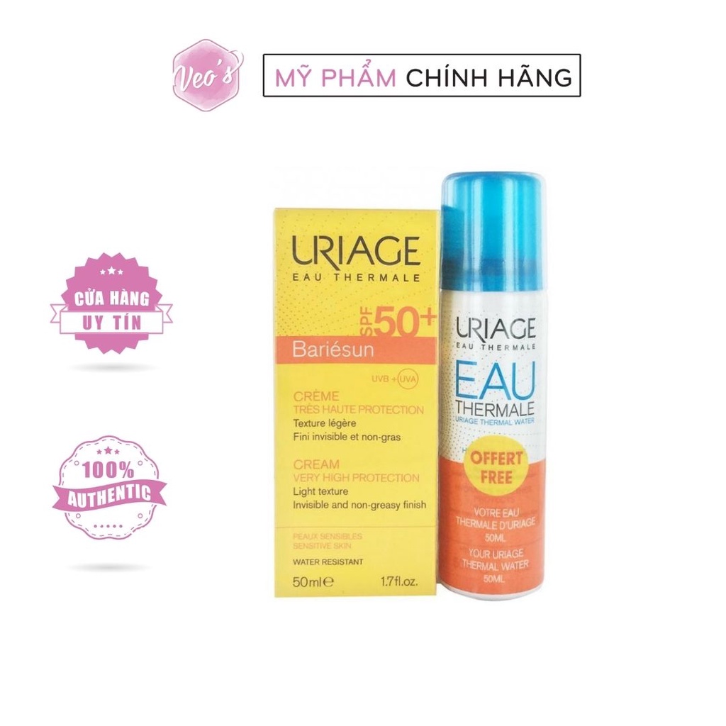 Set kem chống nắng da nhạy cảm Uriage Bariesun Cream Very High Protection SPF50+ 50ml (tặng kèm xịt khoáng)